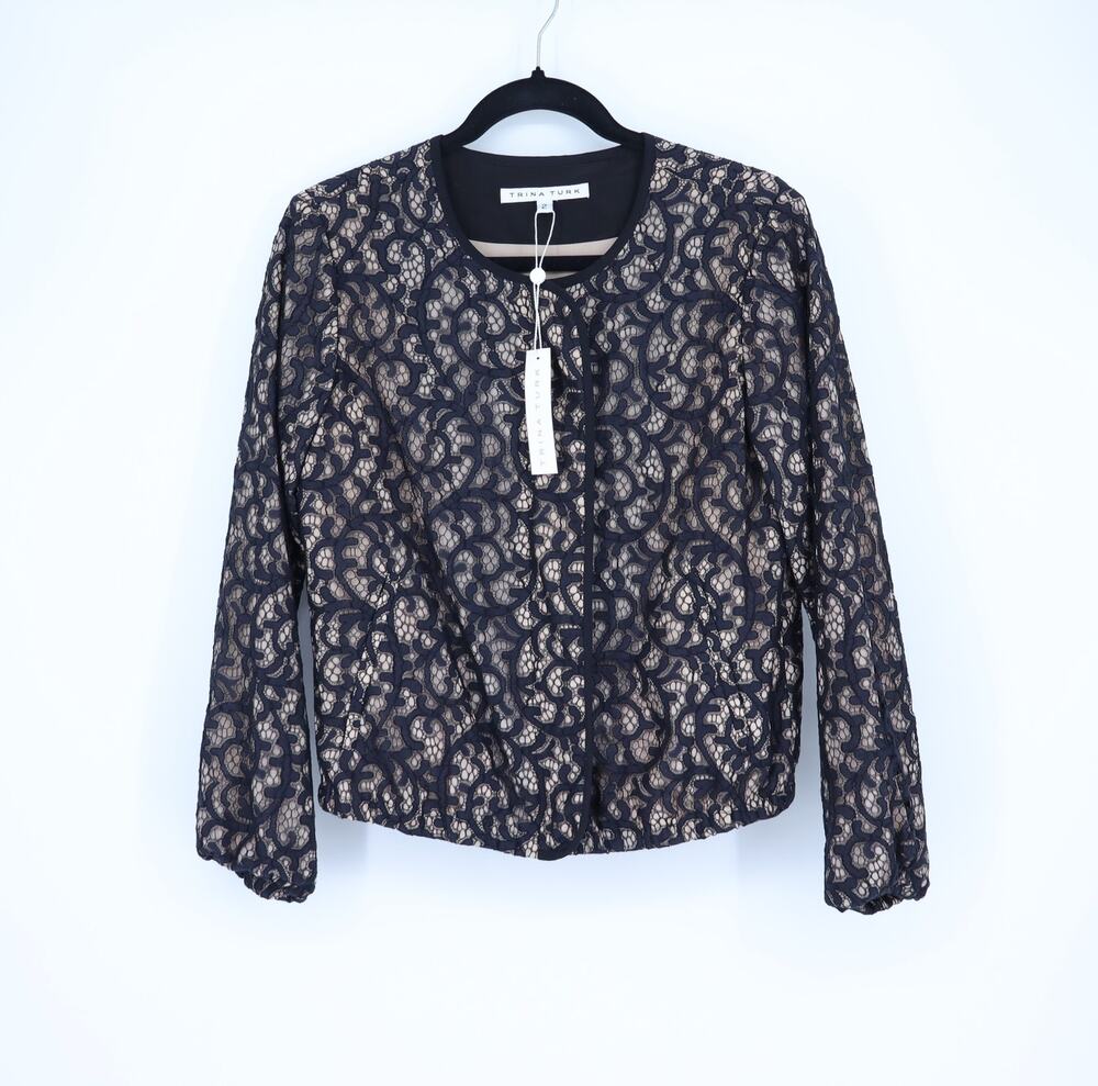 Trina Turk Lace Overlay Jacket Beige and Black NWT Lightweight Zip Up Women's 2